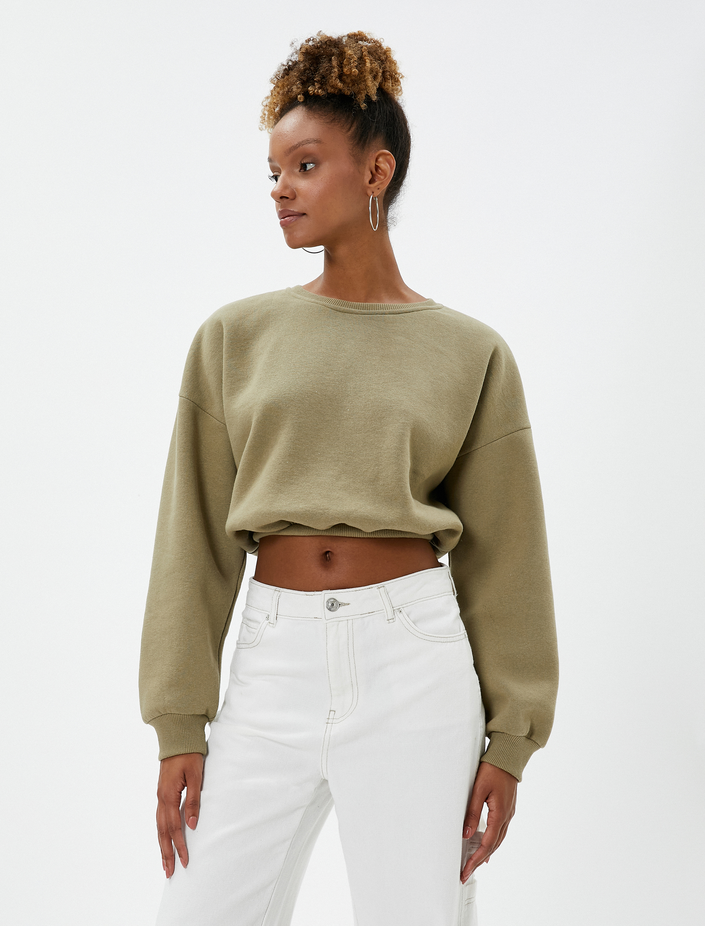 Şardonlu Crop Sweatshirt Bisiklet Yaka Beli Ribanalı Uzun Kollu