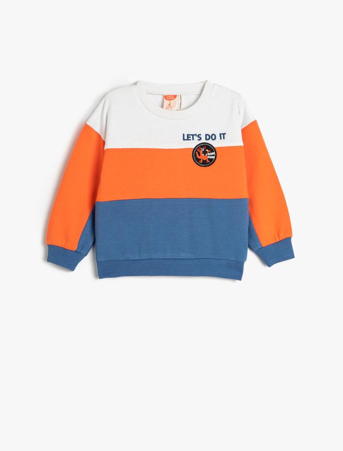 Erkek Bebek Sweatshirt Renk Bloklu Bisiklet Yaka Şardonlu Aplike Detaylı Pamuklu
