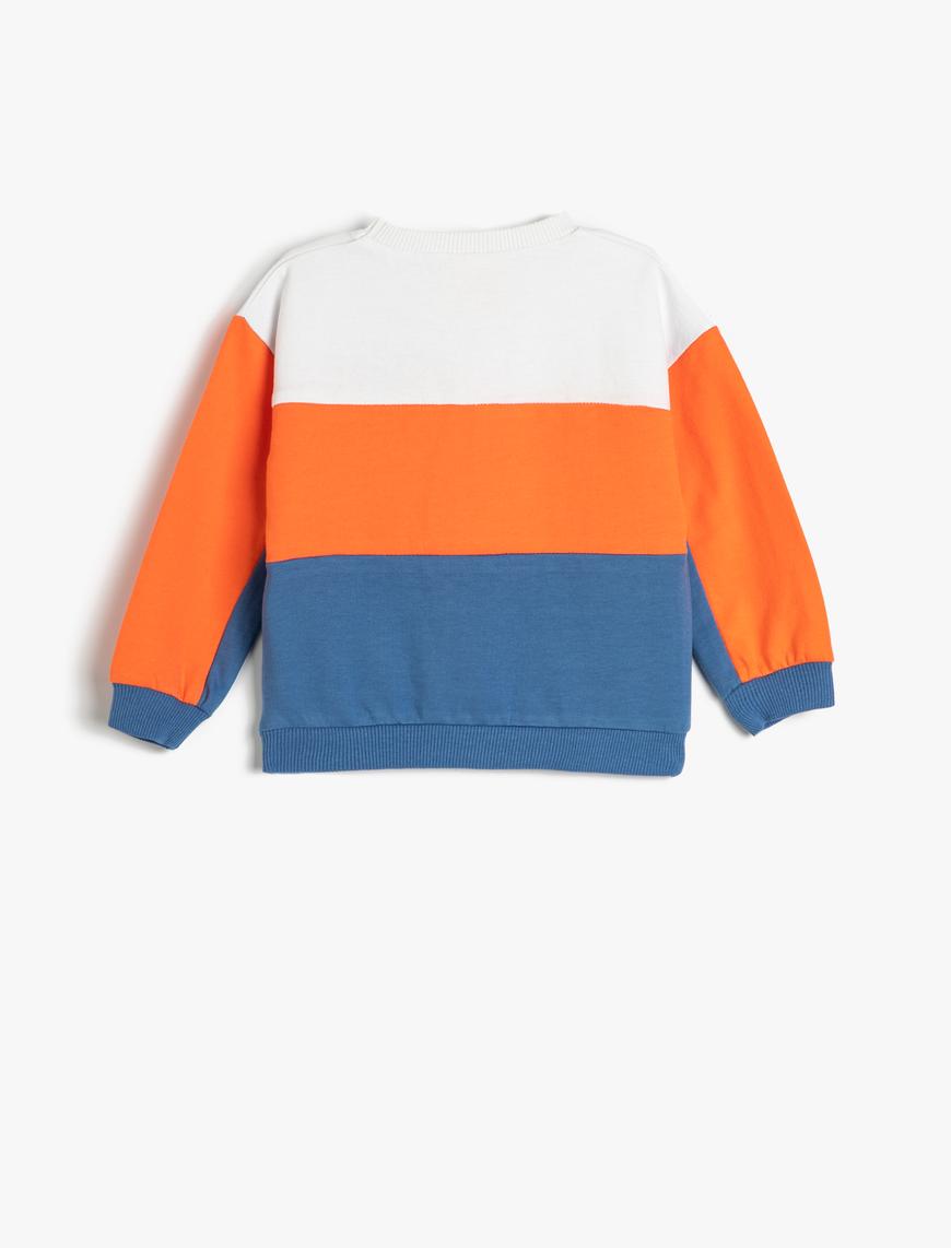 Erkek Bebek Sweatshirt Renk Bloklu Bisiklet Yaka Şardonlu Aplike Detaylı Pamuklu