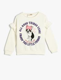 Sweatshirt Fırfırlı Köpek Baskılı Yuvarlak Yaka