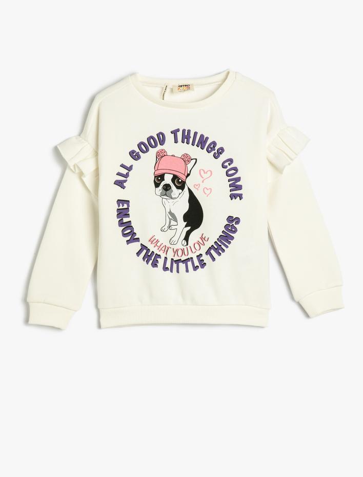 Kız Çocuk Sweatshirt Fırfırlı Köpek Baskılı Yuvarlak Yaka