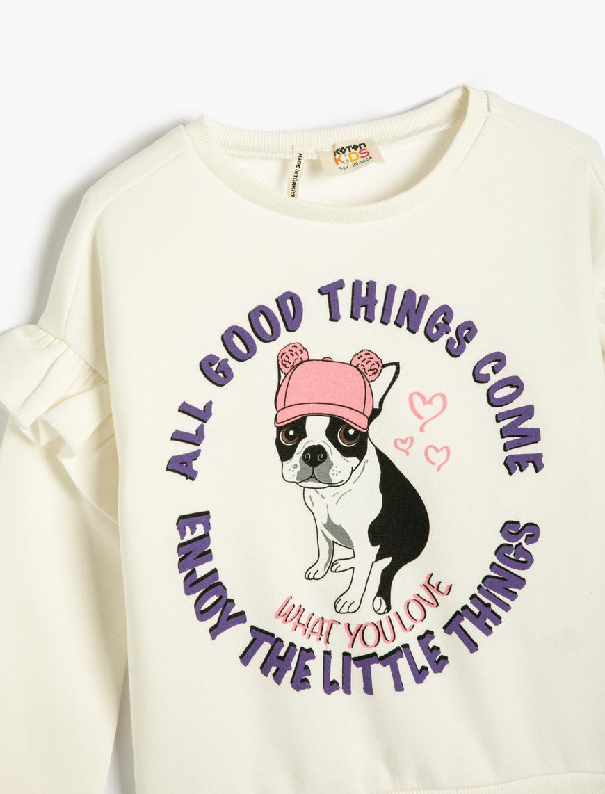  Kız Çocuk Sweatshirt Fırfırlı Köpek Baskılı Yuvarlak Yaka