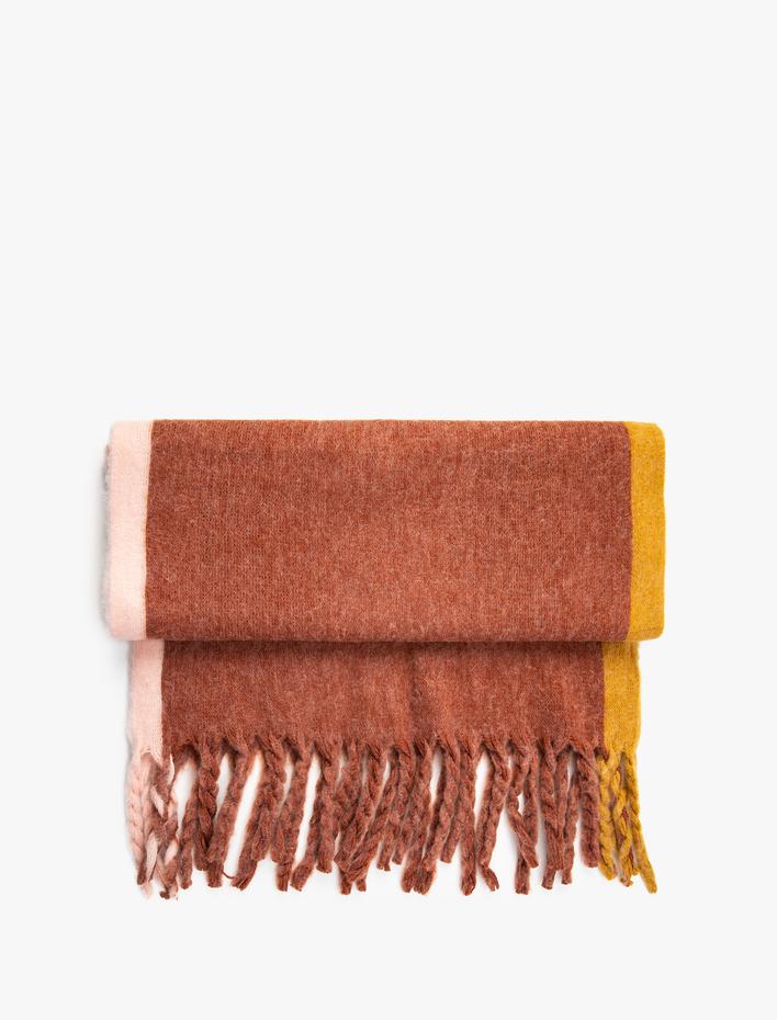 Kadın Atkı Püsküllü Yumuşak Dokulu Renk Bloklu