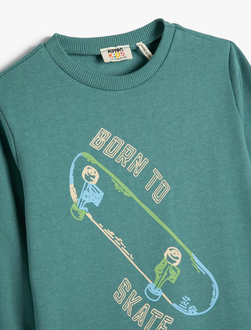  Erkek Çocuk Sweatshirt Şardonlu Kaykay Baskılı Bisiklet Yaka