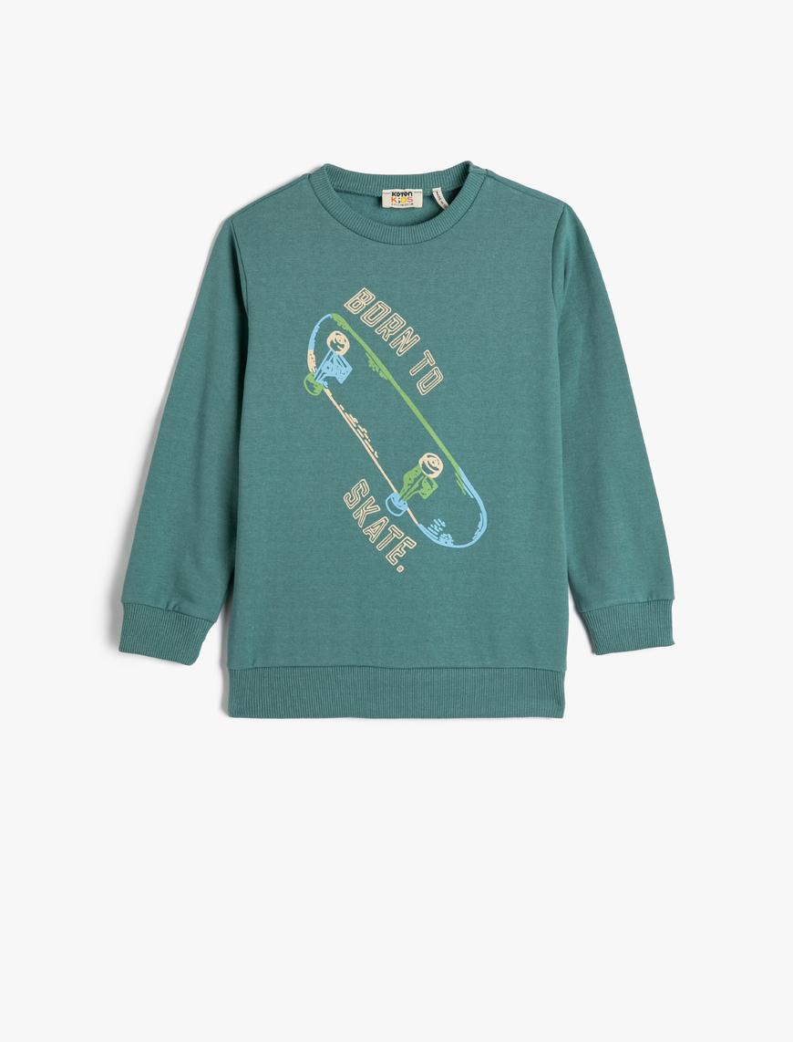  Erkek Çocuk Sweatshirt Şardonlu Kaykay Baskılı Bisiklet Yaka