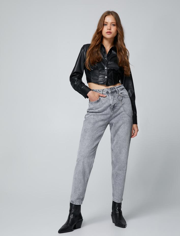  Yüksek Bel Kot Pantolon Hafif Dar Paça - Mom Jeans