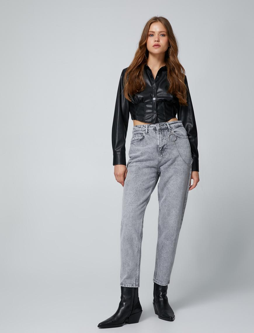   Yüksek Bel Kot Pantolon Hafif Dar Paça - Mom Jeans