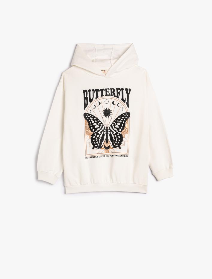 Kız Çocuk Kapşonlu Sweatshirt Şardonlu Kelebek Baskılı