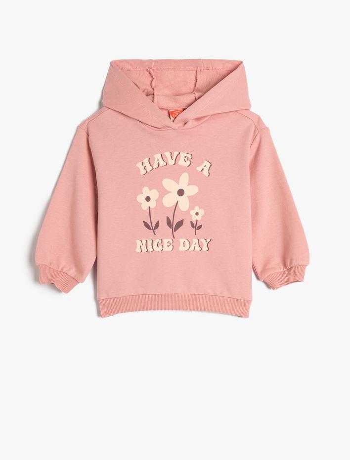 Kız Bebek Kapşonlu Sweatshirt Şardonlu Çiçek Baskılı Pamuklu