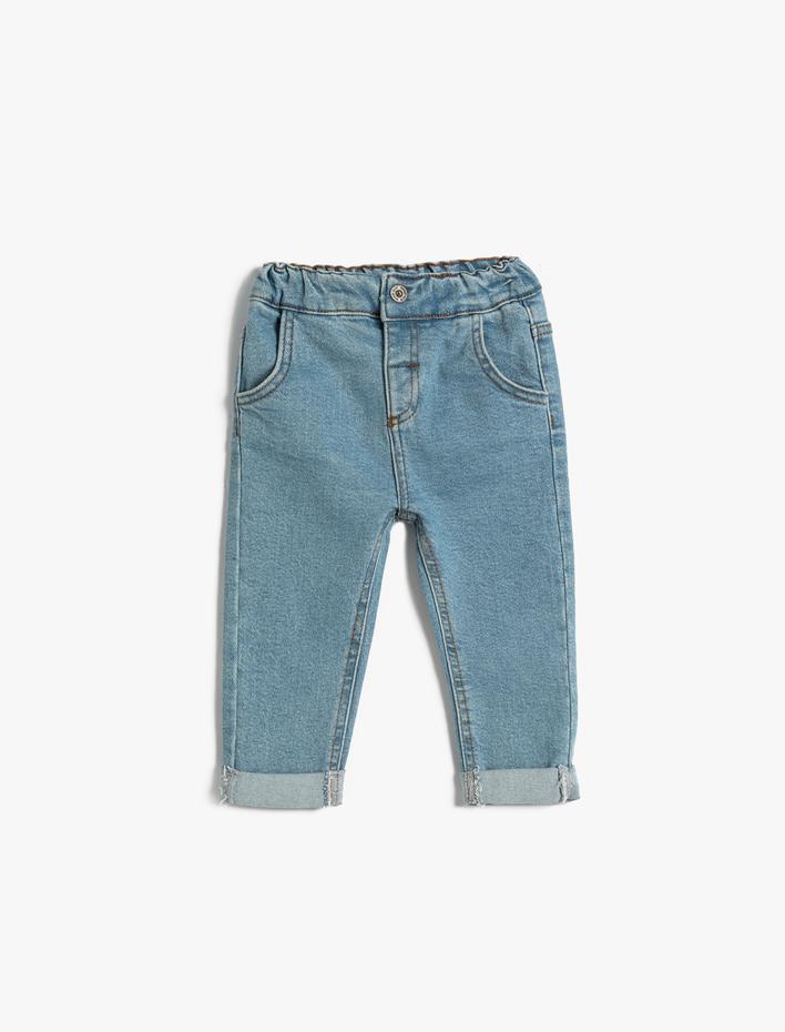 Erkek Bebek Kot Pantolon Cepli Beli Lastikli Pamuklu - Boyfriend Jean