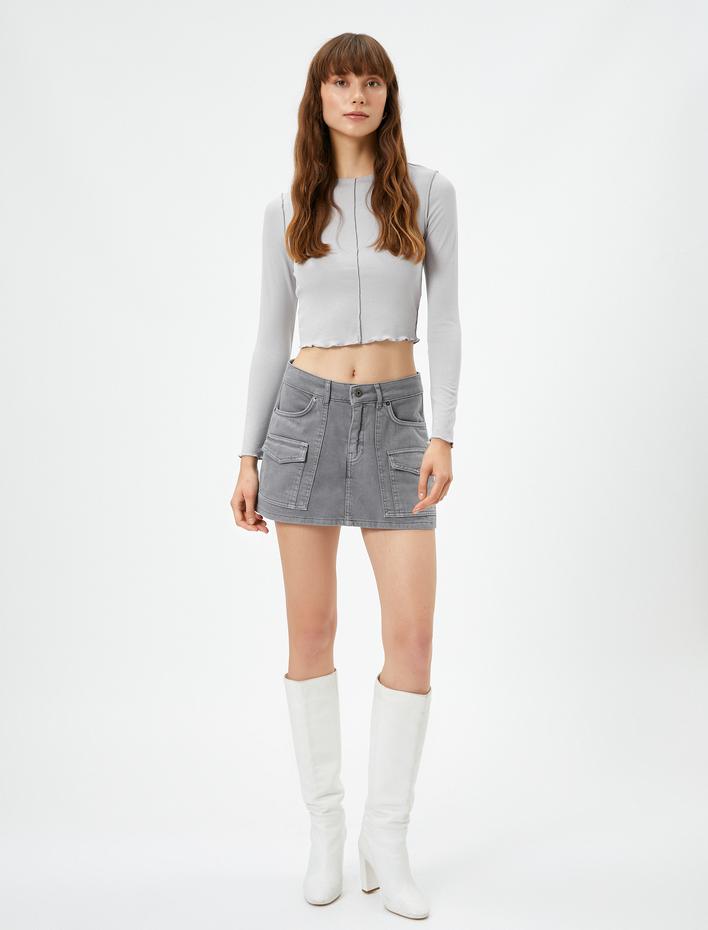  Uzun Kollu Tişört Bisiklet Yaka Dikiş Detaylı