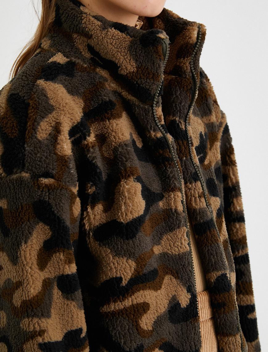   Desenli Fermuarlı Peluş Sweatshirt
