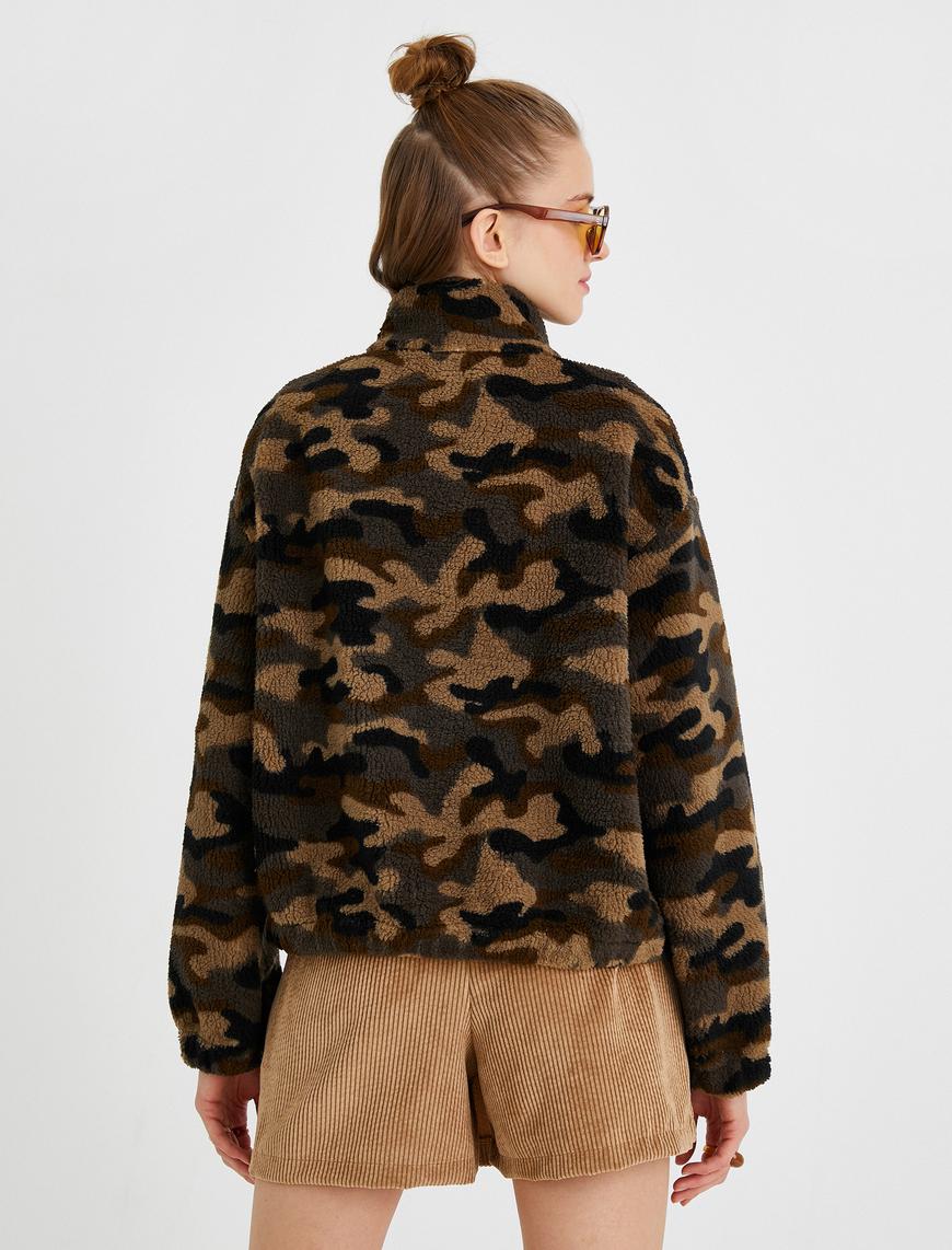   Desenli Fermuarlı Peluş Sweatshirt