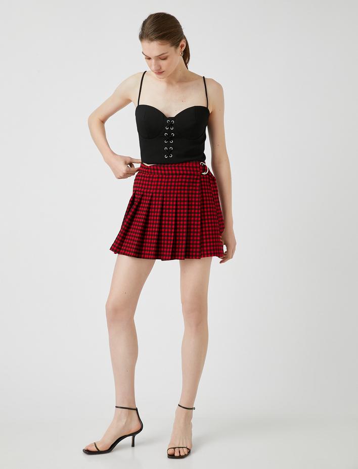  Pileli Kareli Mini Etek