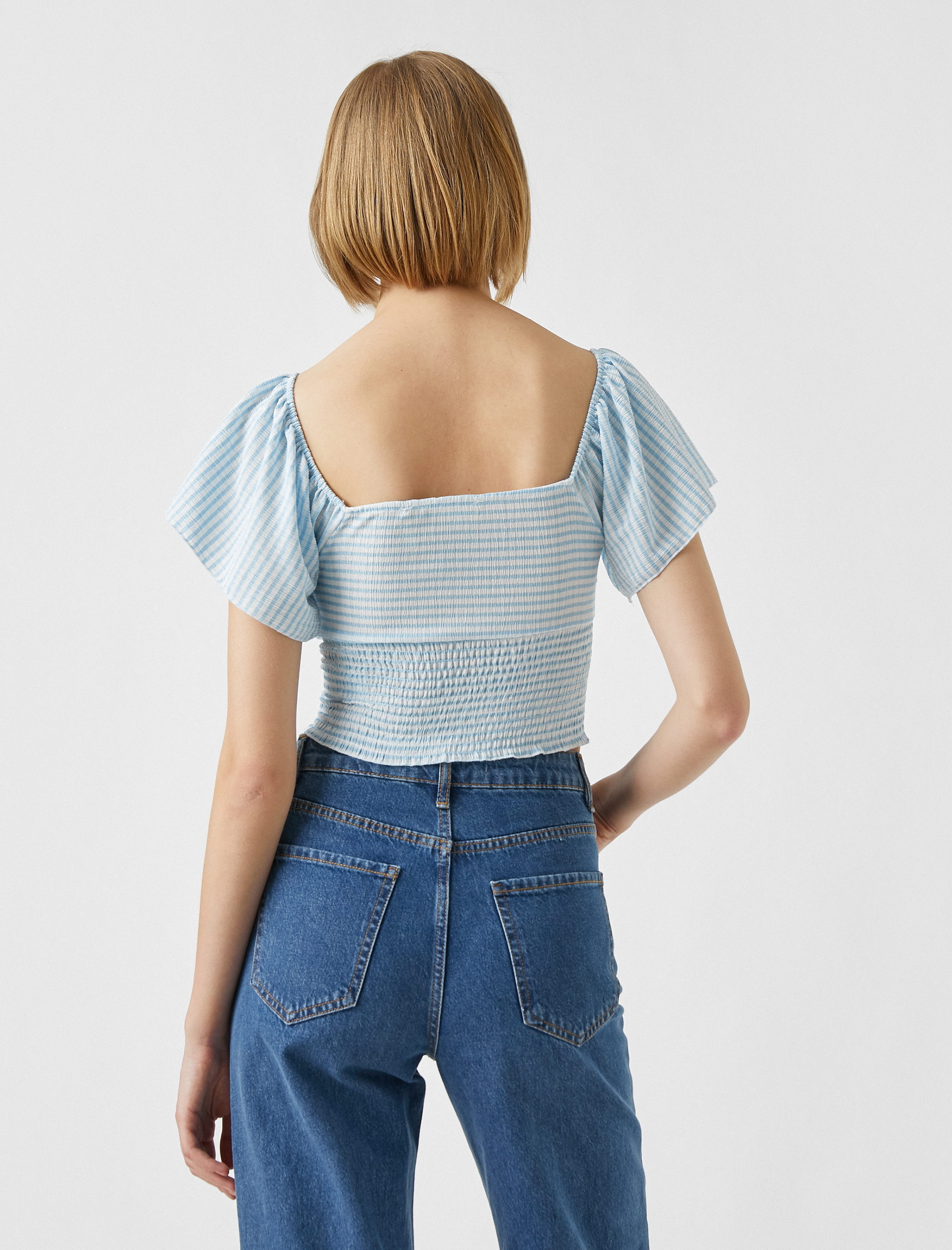   Kısa Kollu Çizgili Gipeli Bluz