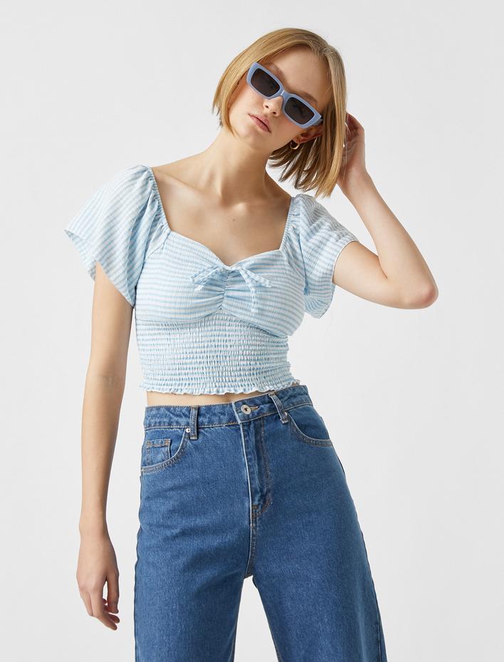  Kısa Kollu Çizgili Gipeli Bluz