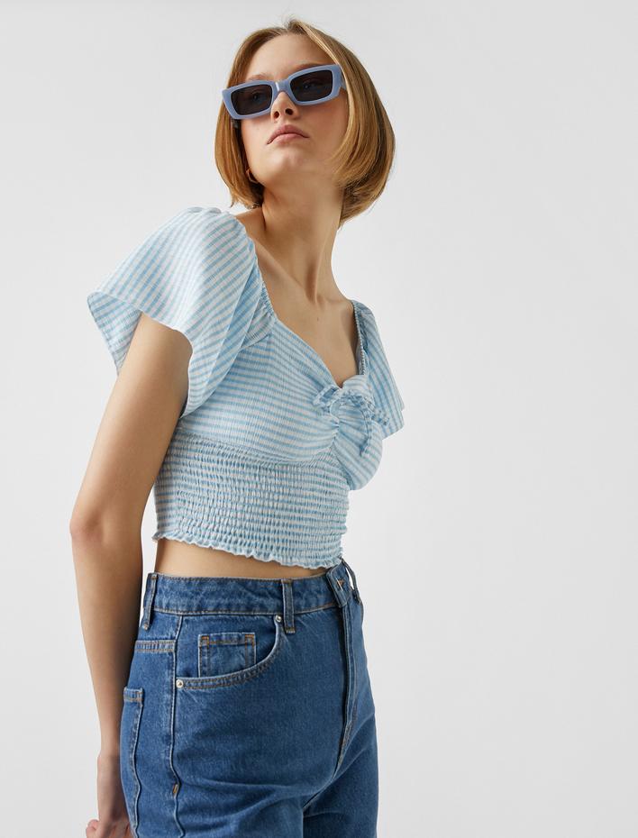  Kısa Kollu Çizgili Gipeli Bluz
