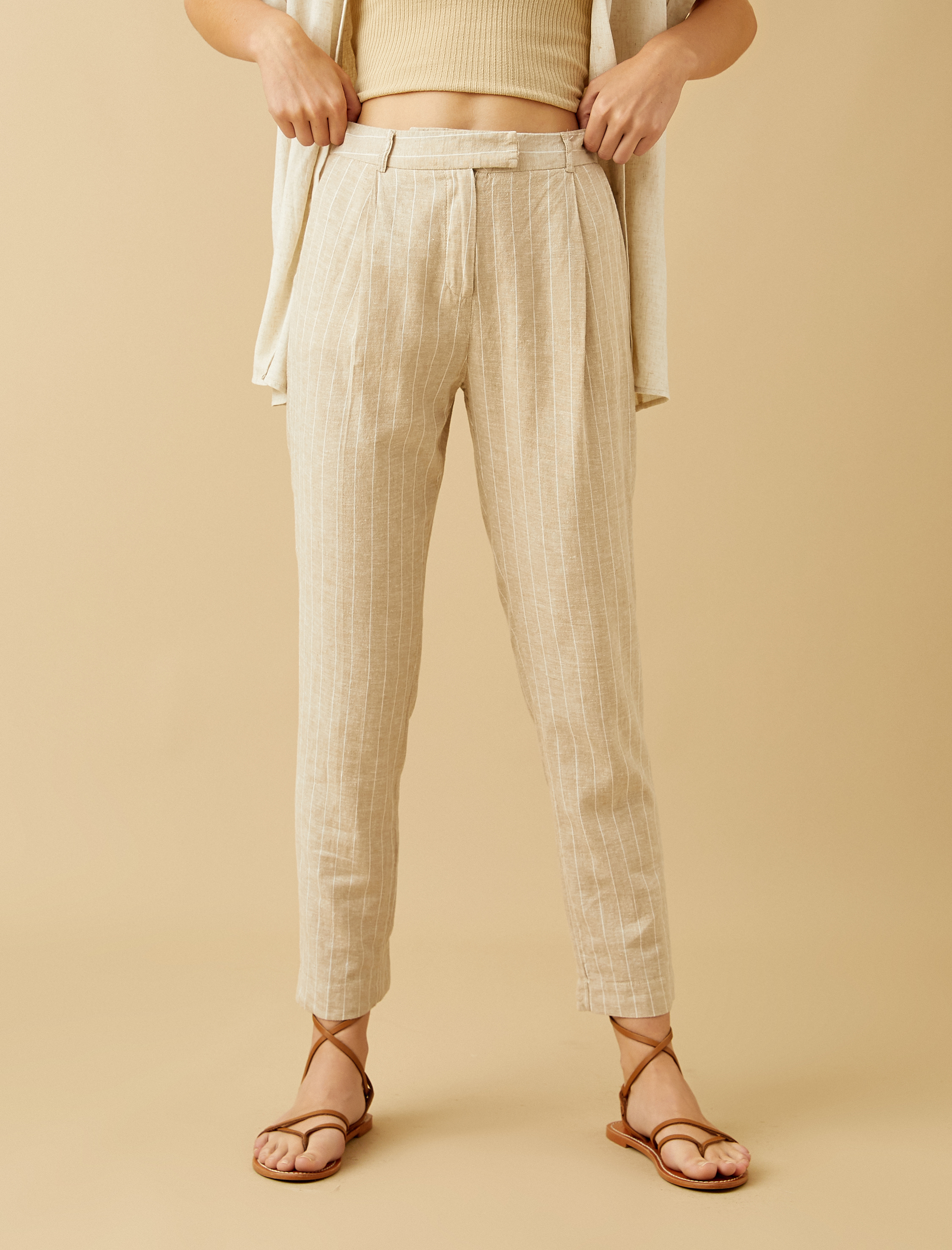 Yüksek Bel Havuç Pantolon Keten Karışımlı