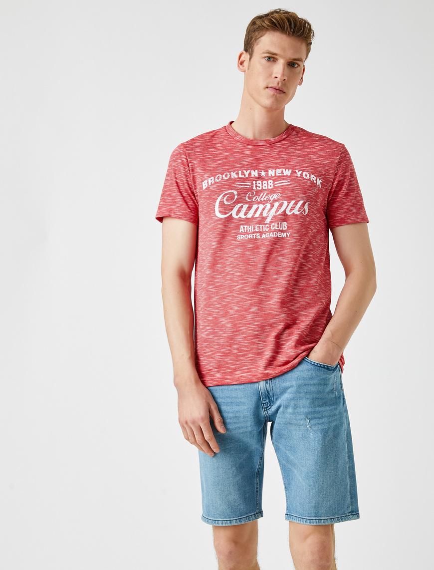   Yazılı Tişört Kısa Kollu Bisiklet Yaka Pamuklu Slim Fit