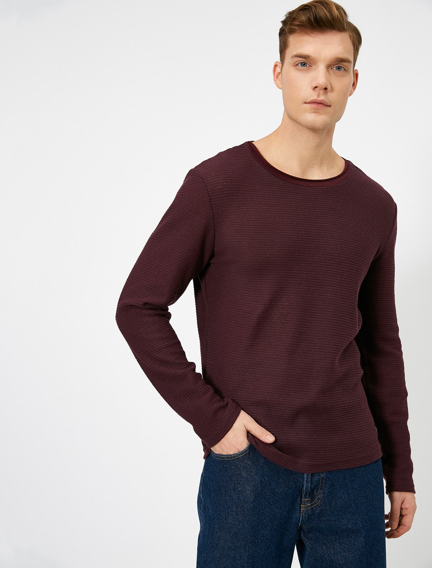   Bisiklet Yaka Dokulu Kumaş Mevsimlik Slim Fit Kazak