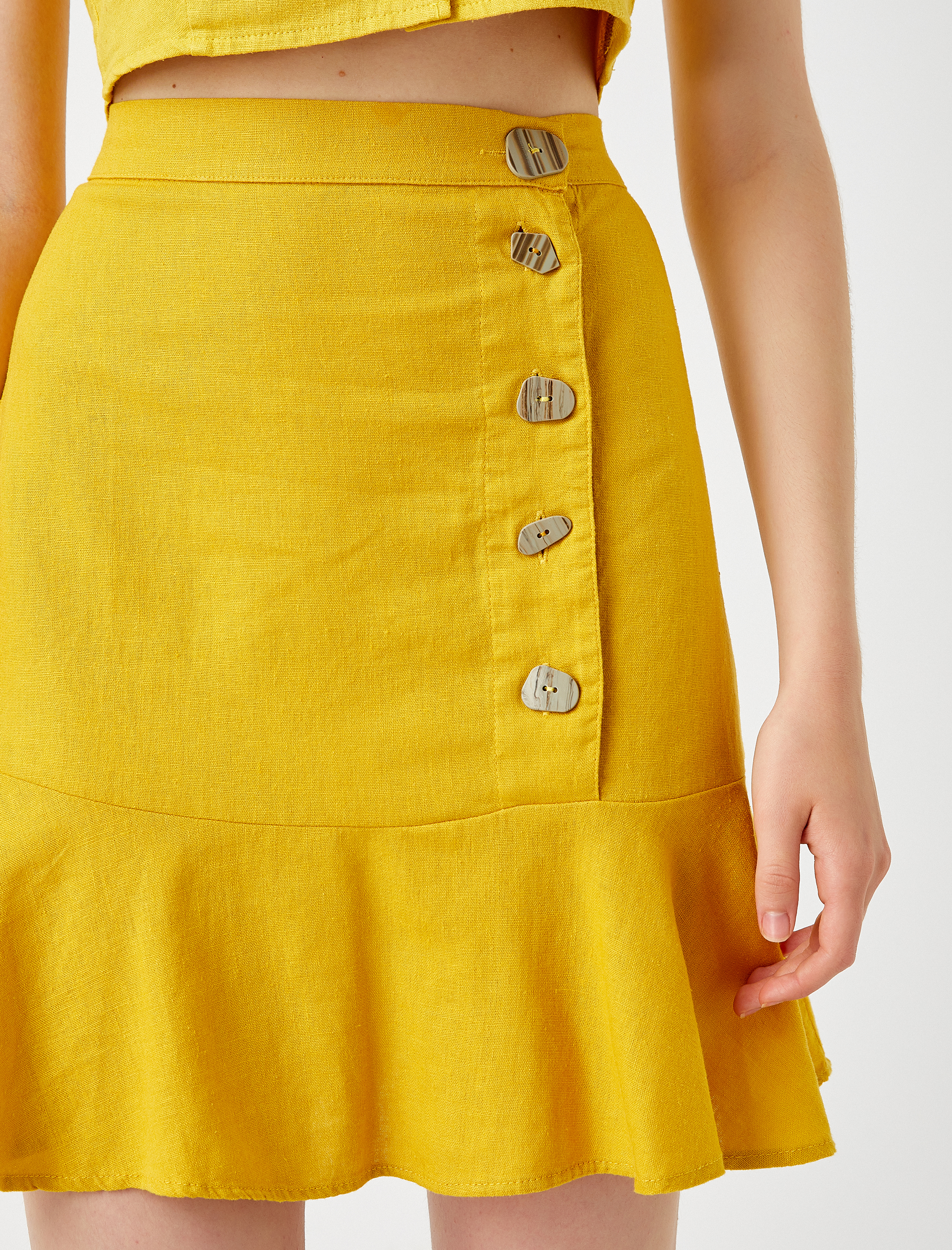   Keten Karışımlı Yüksek Bel Etek