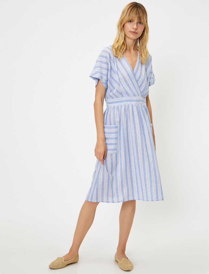  Çizgili Elbise Keten Karışımlı