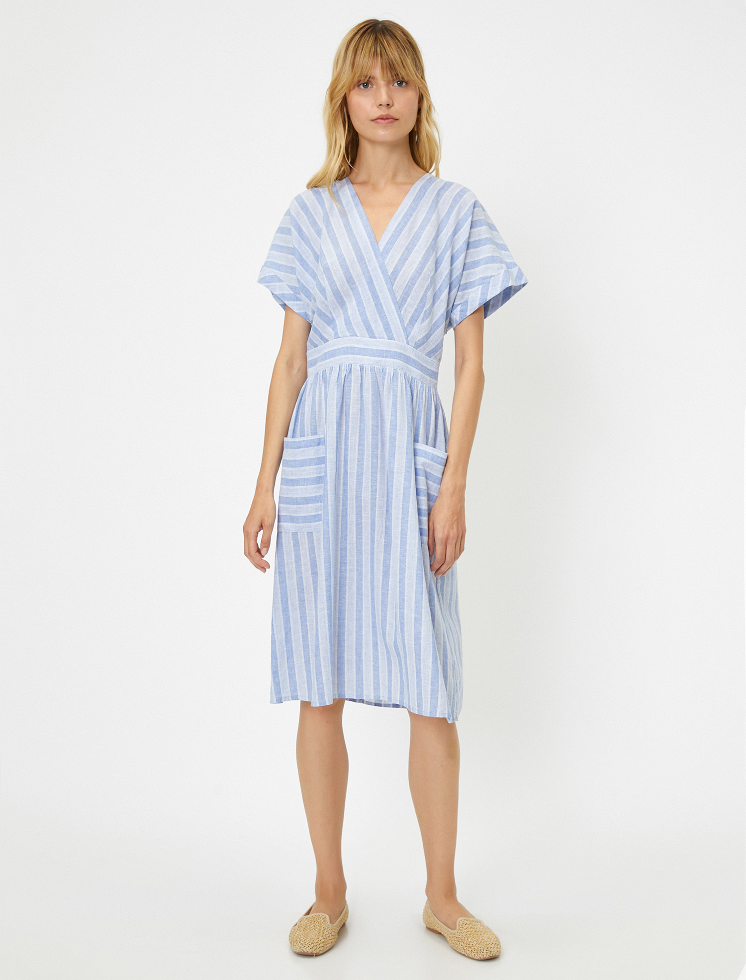   Çizgili Elbise Keten Karışımlı