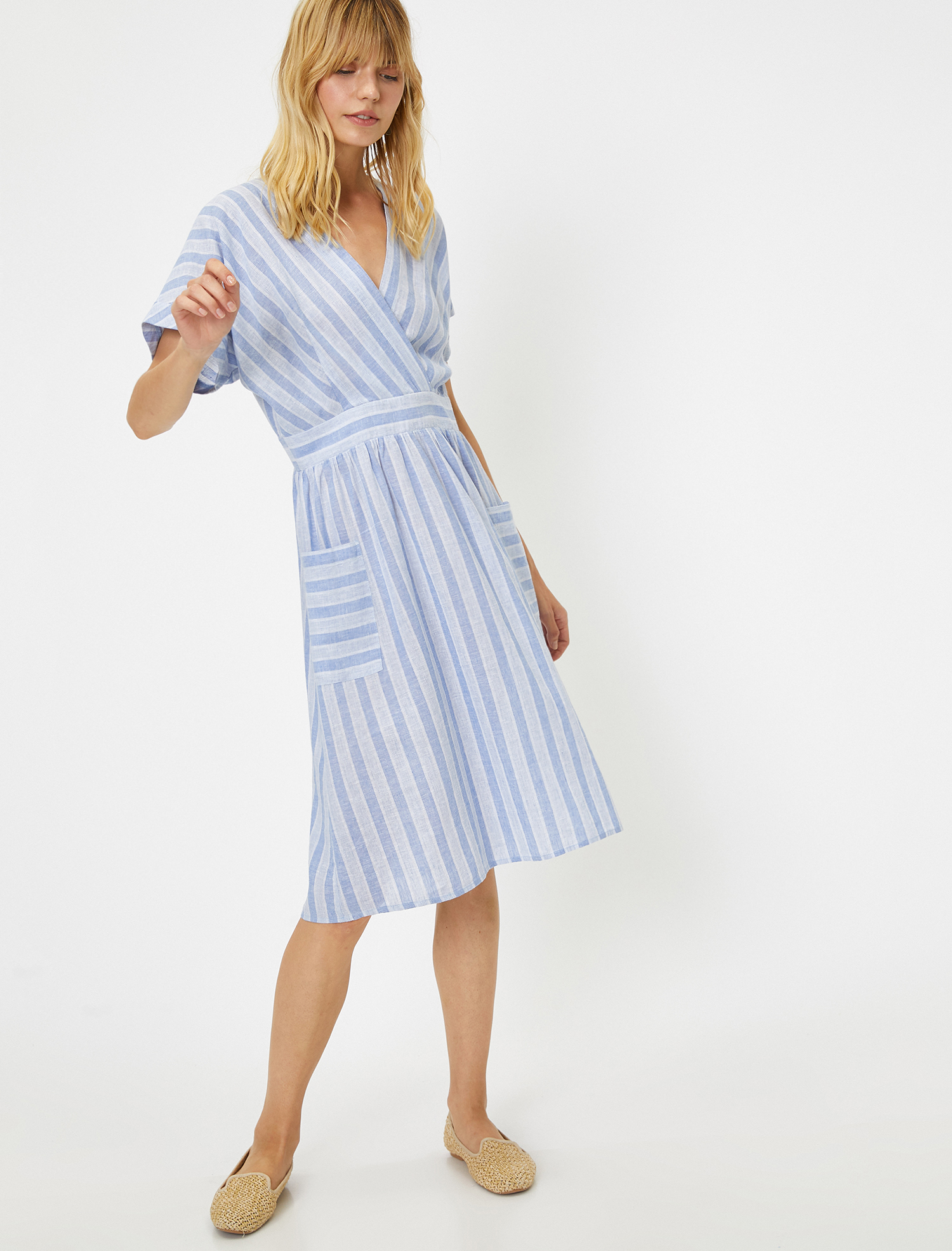   Çizgili Elbise Keten Karışımlı