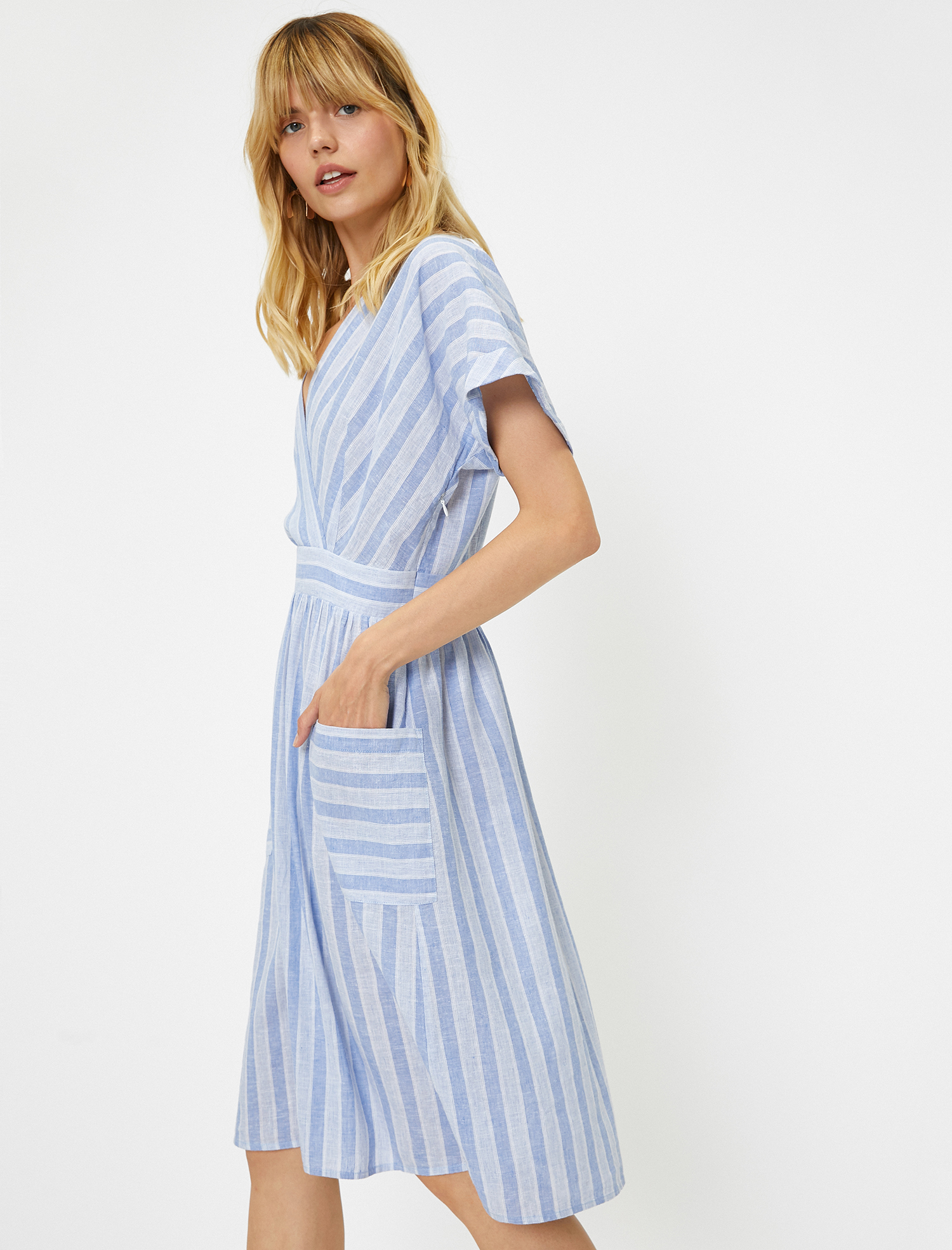   Çizgili Elbise Keten Karışımlı