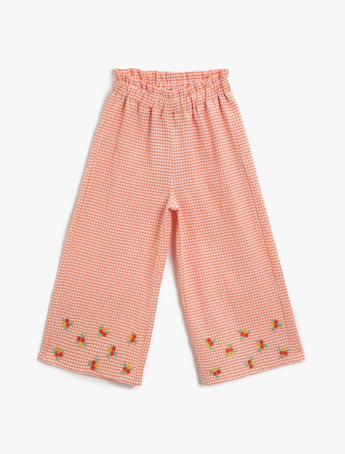 Kız Çocuk Kareli Pantolon Pamuklu Çiçek Detaylı