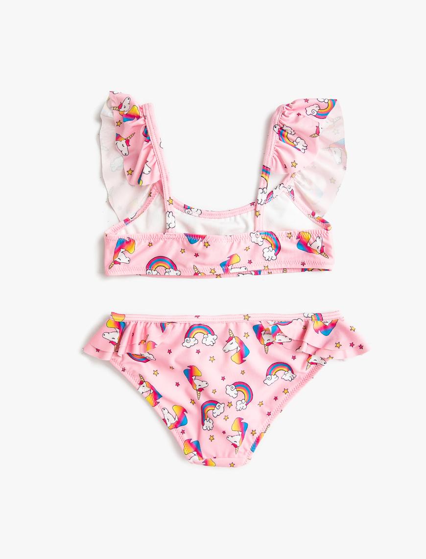  Kız Çocuk Bikini Seti Unicorn Desenli Fırfırlı 2 Parça
