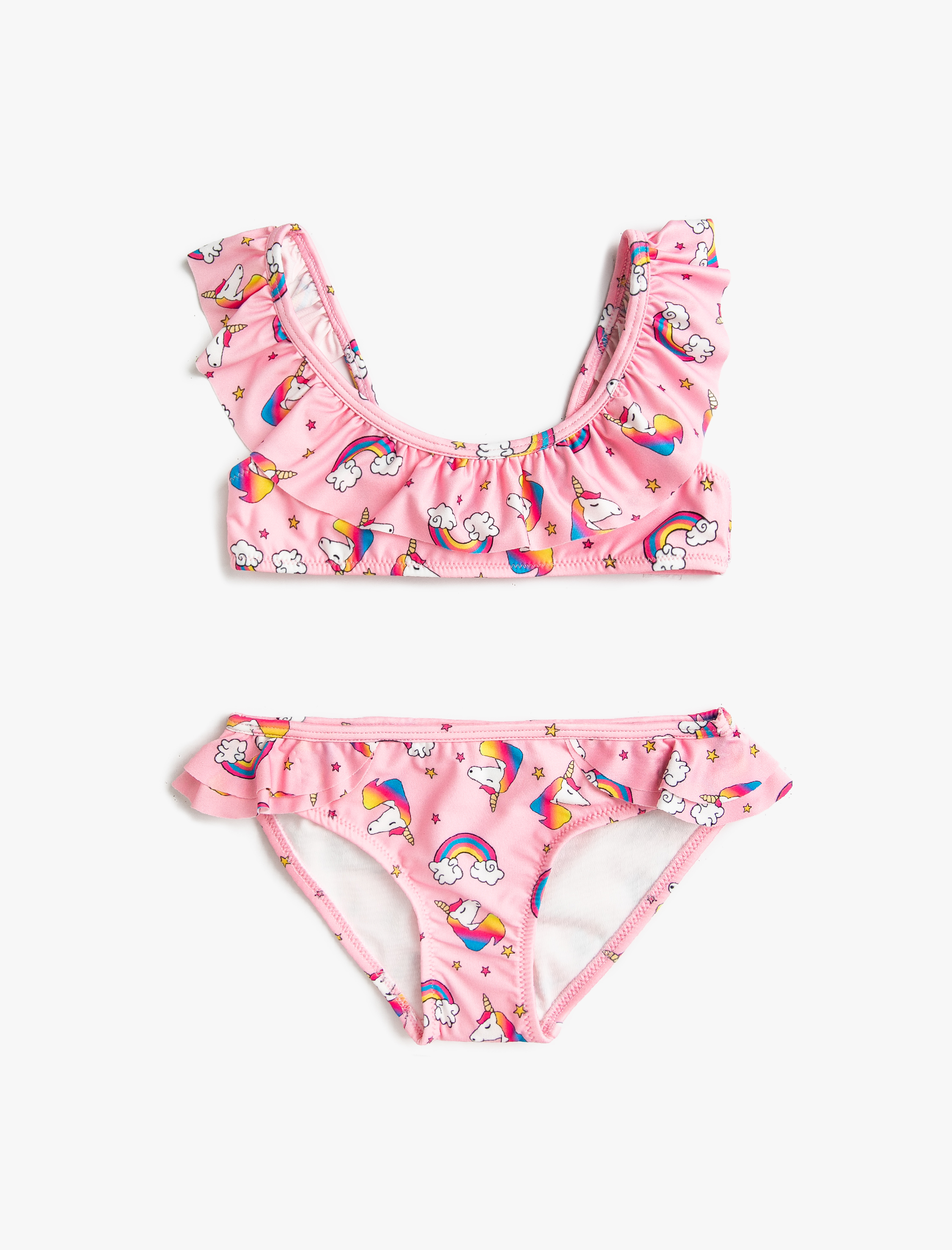 Kız Çocuk Bikini Seti Unicorn Desenli Fırfırlı 2 Parça