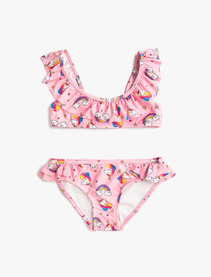  Kız Çocuk Bikini Seti Unicorn Desenli Fırfırlı 2 Parça