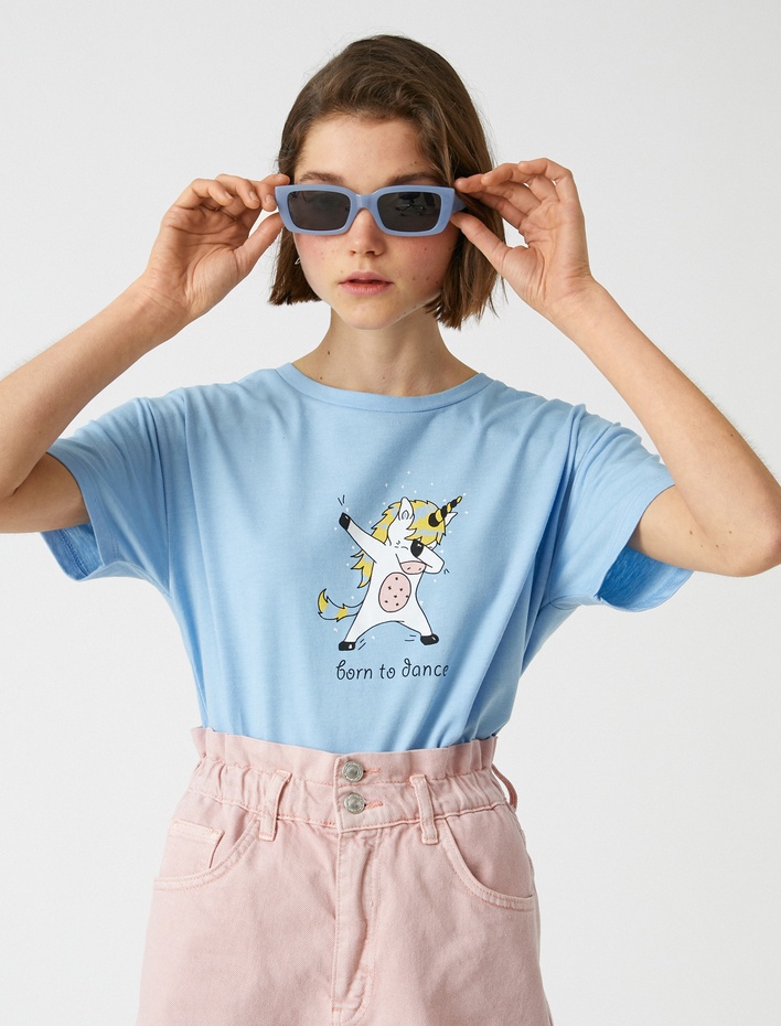  Baskılı Tişört Pamuklu Bisiklet Yaka