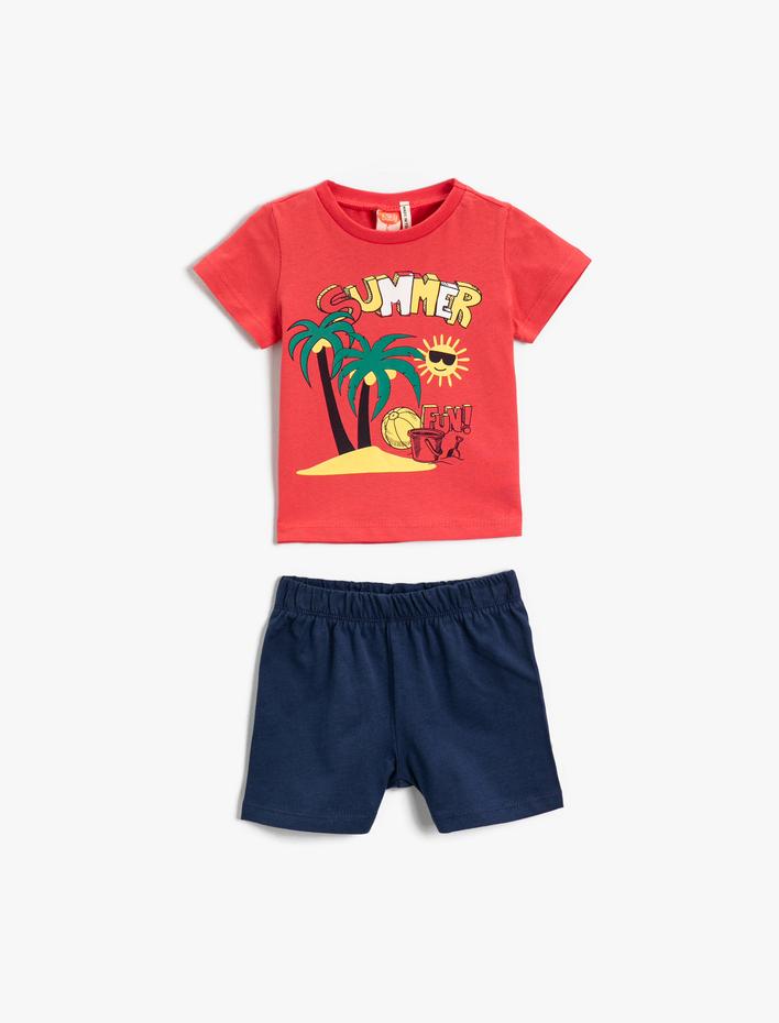 Erkek Bebek Yaz Temalı Baskılı Şort Tişört Takım Pamuklu