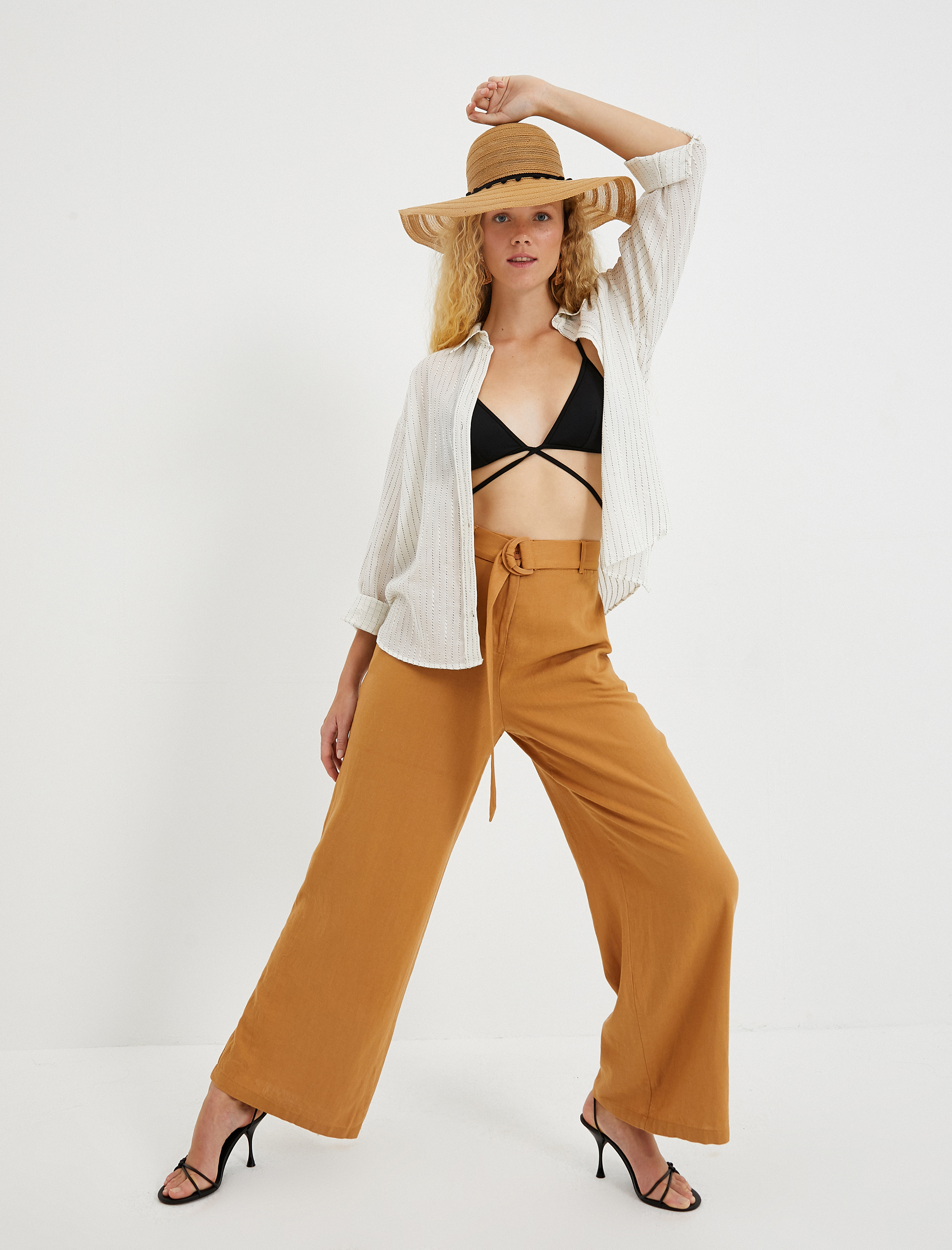   Bol Paça Pantolon Kemerli Keten Karışımlı