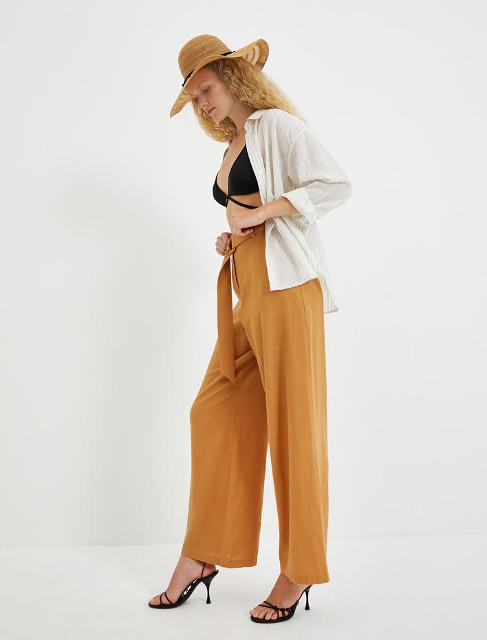  Bol Paça Pantolon Kemerli Keten Karışımlı