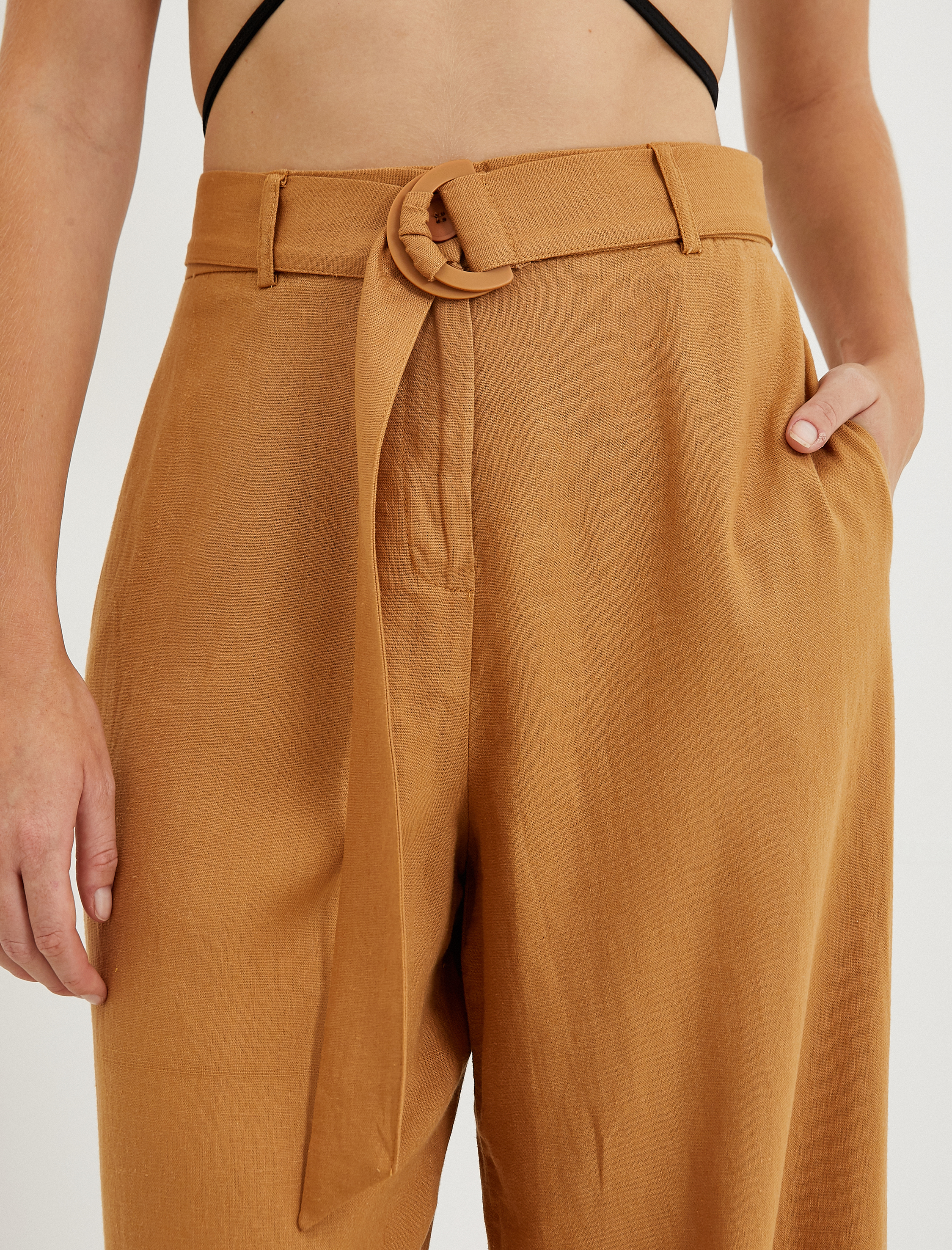   Bol Paça Pantolon Kemerli Keten Karışımlı