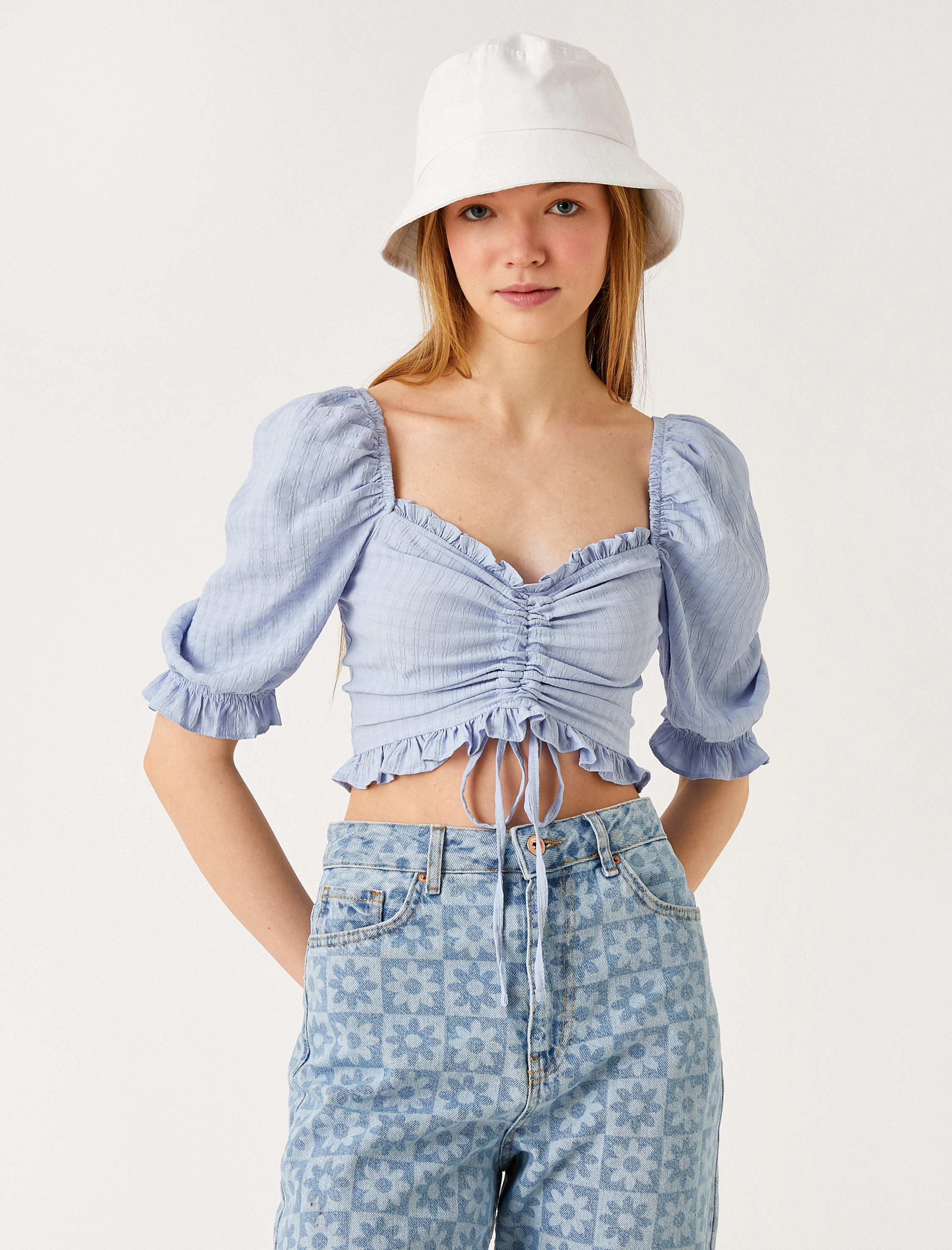   Crop Bluz Balon Kol Büzgülü