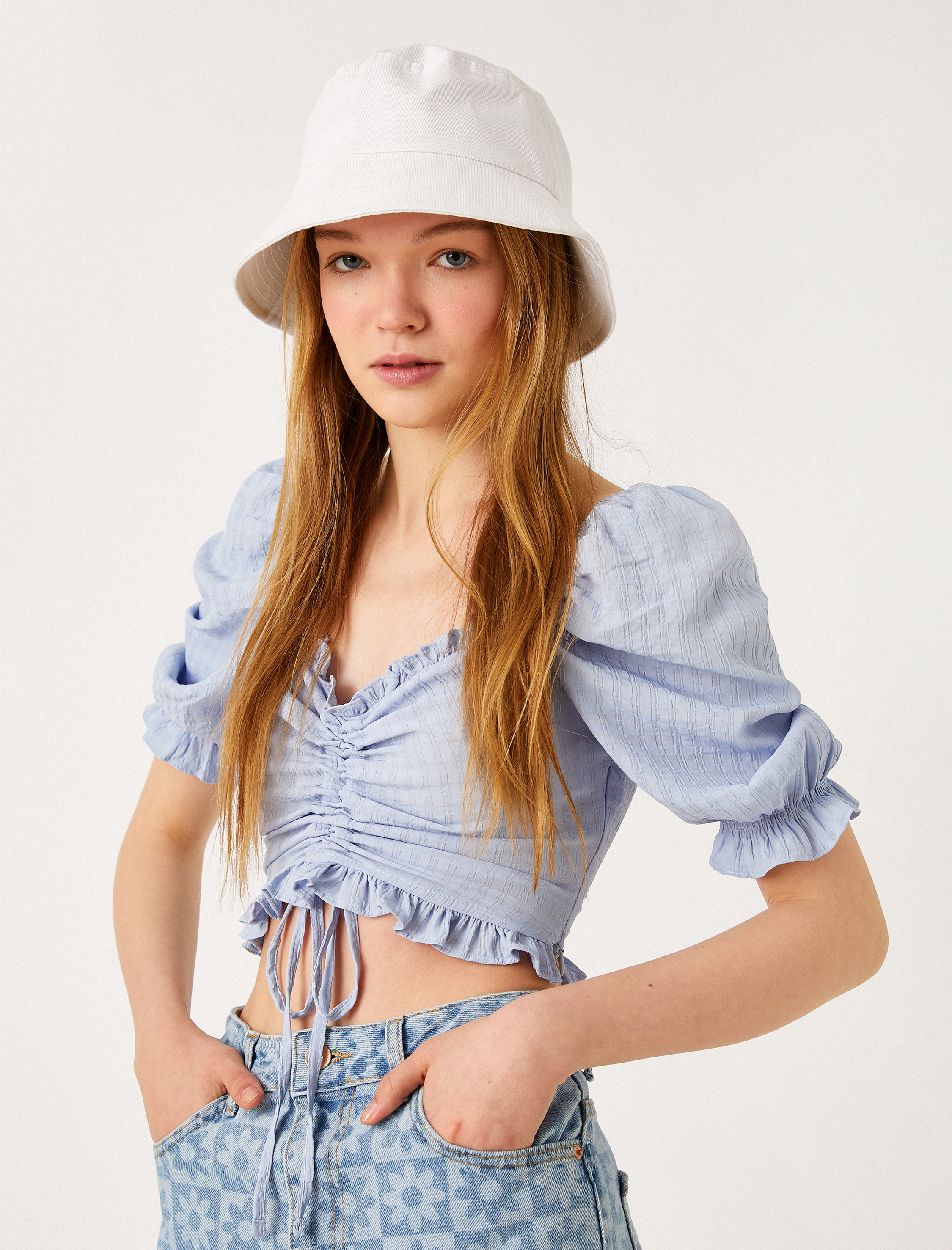   Crop Bluz Balon Kol Büzgülü