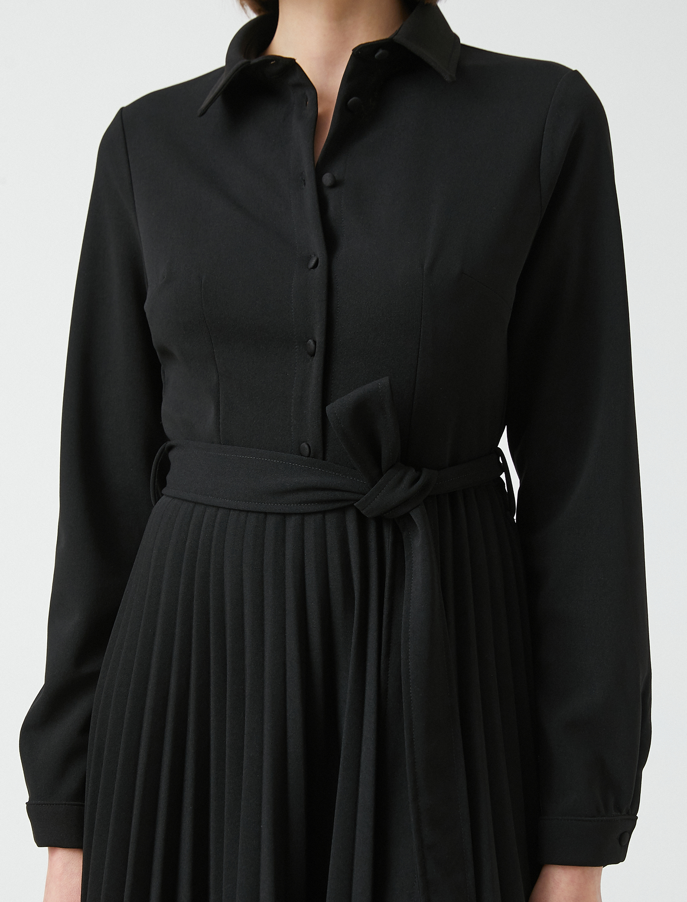   Uzun Plili Elbise Gömlek Yaka Kuşaklı