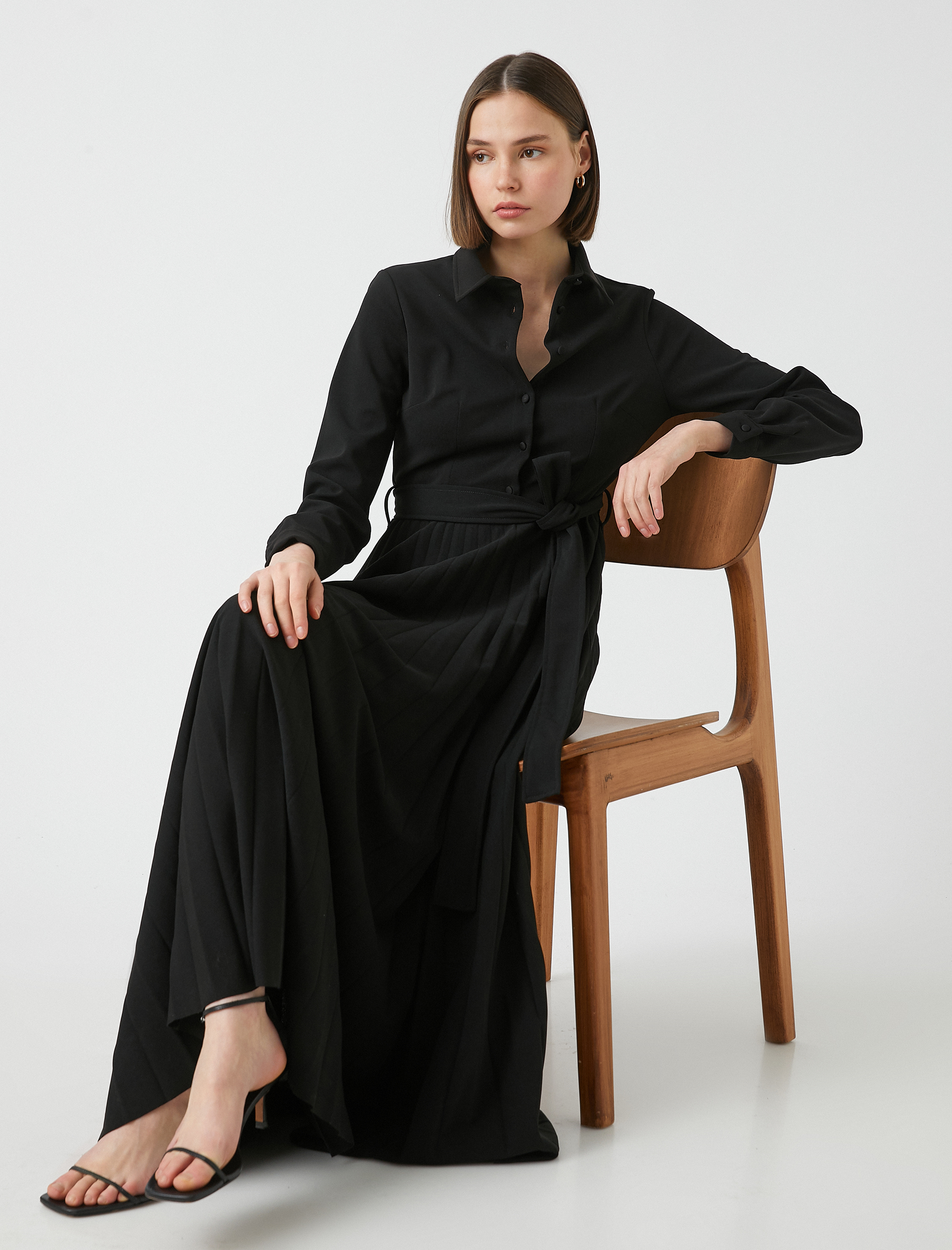   Uzun Plili Elbise Gömlek Yaka Kuşaklı