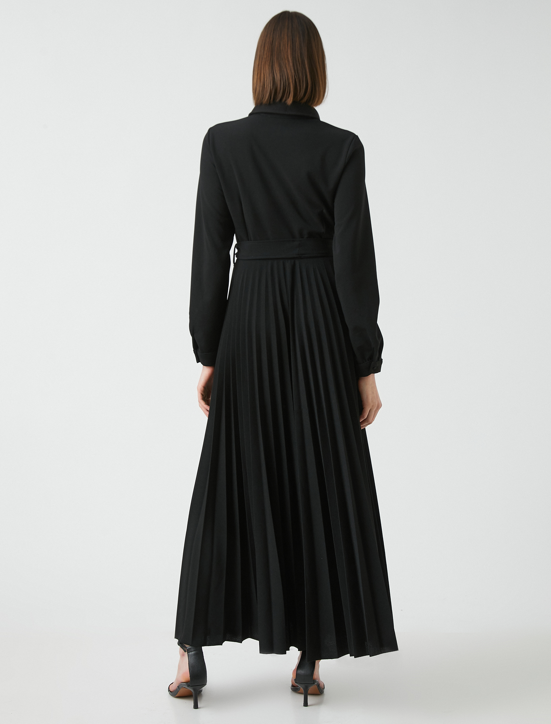   Uzun Plili Elbise Gömlek Yaka Kuşaklı