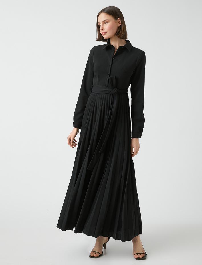  Uzun Plili Elbise Gömlek Yaka Kuşaklı