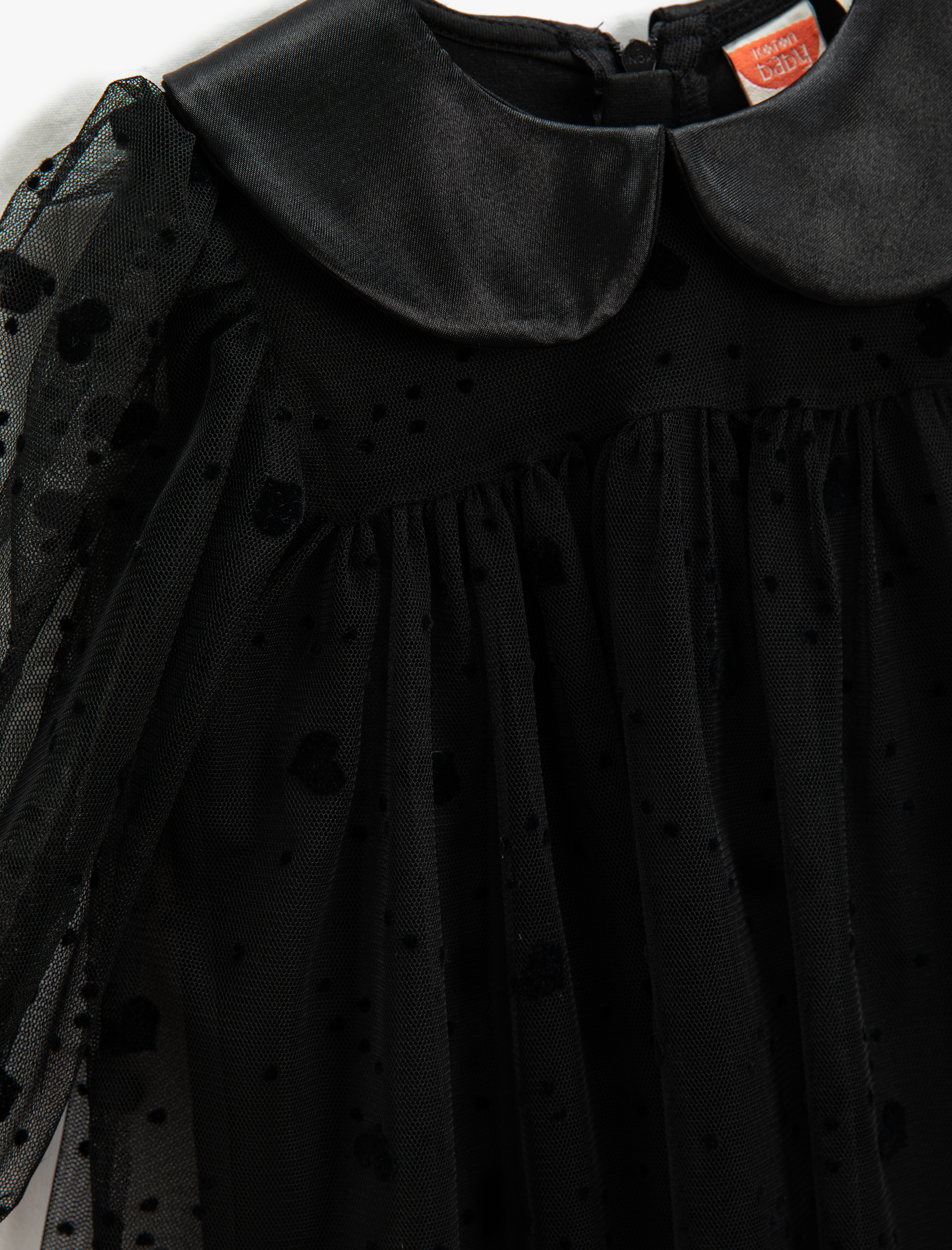  Kız Bebek Tüllü Elbise Saten Bebe Yaka Astarlı Kalp Desenli Uzun Kollu