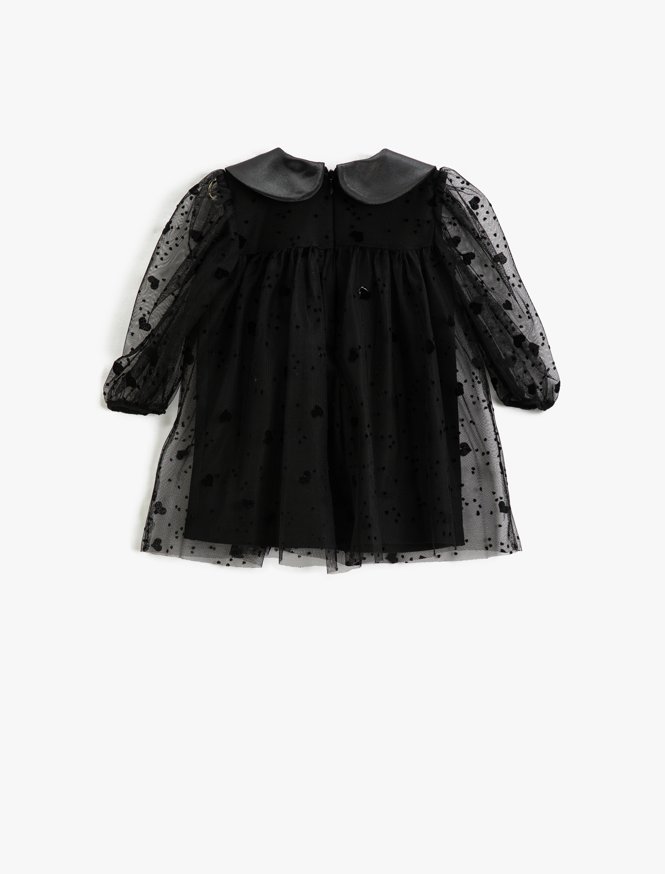  Kız Bebek Tüllü Elbise Saten Bebe Yaka Astarlı Kalp Desenli Uzun Kollu