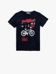 Kısa Kollu Bisiklet Yaka Tişört Baskılı Pamuklu Bisiklet Temalı