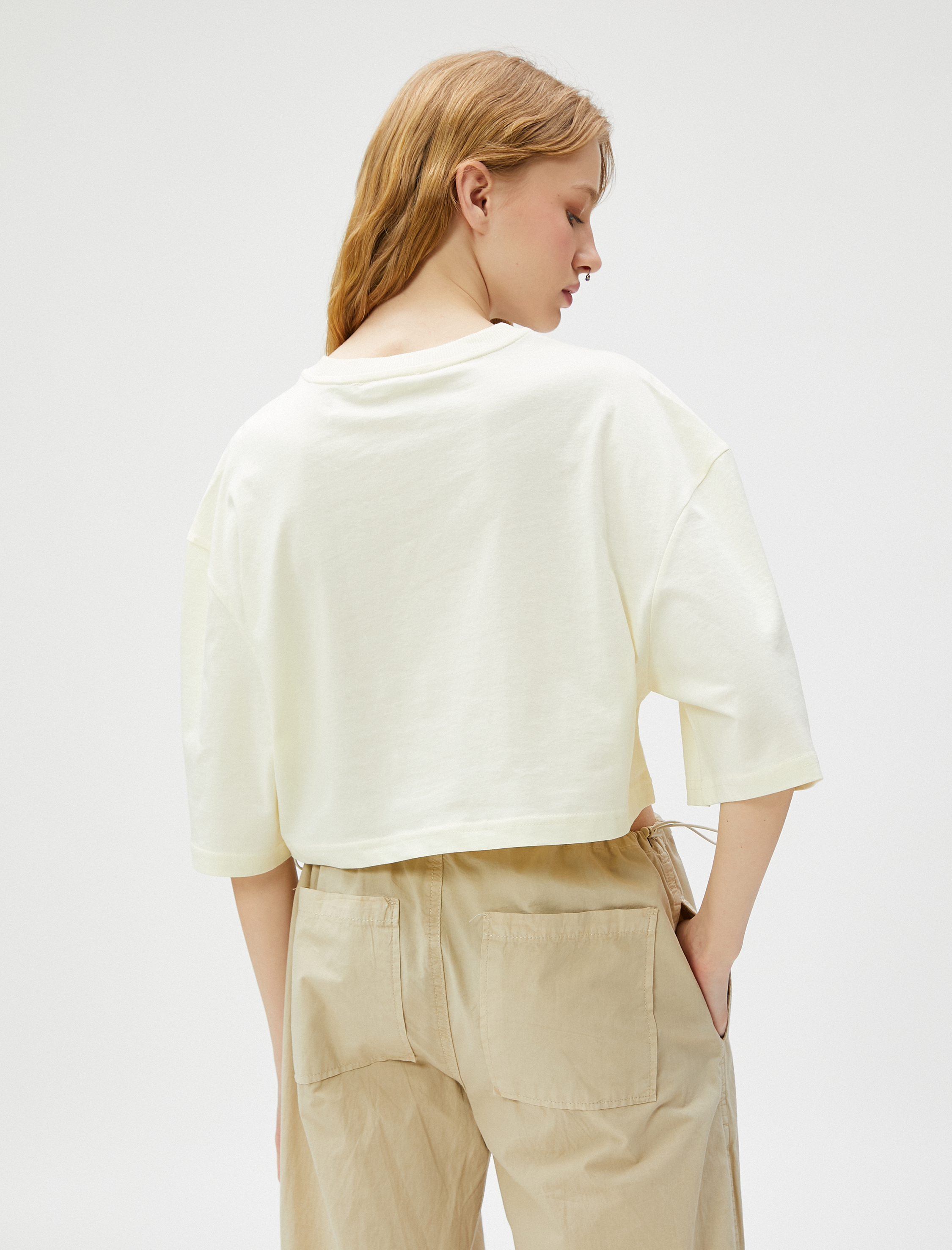   Crop Tişört Baskılı Bisiklet Yaka Pamuklu