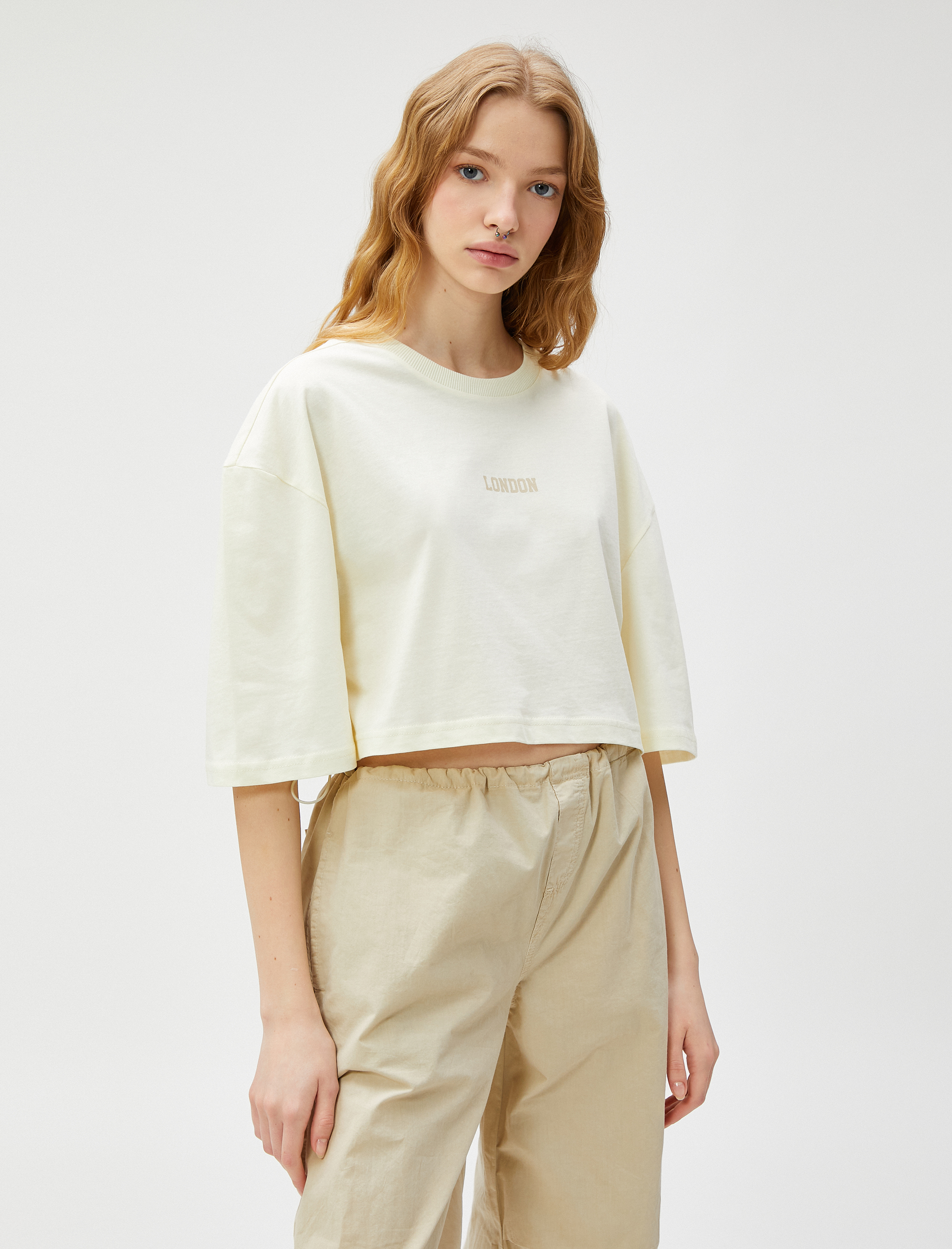   Crop Tişört Baskılı Bisiklet Yaka Pamuklu