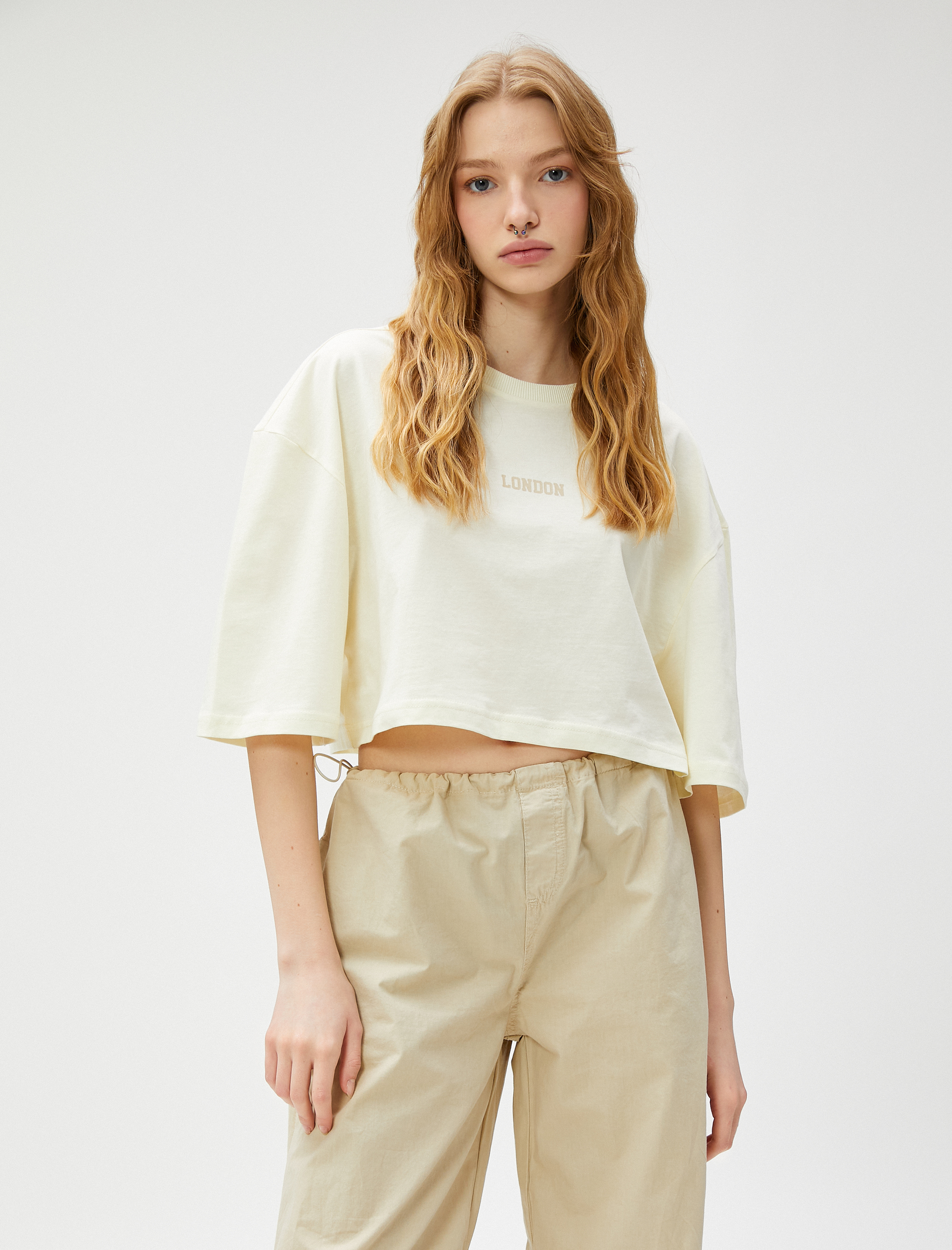   Crop Tişört Baskılı Bisiklet Yaka Pamuklu